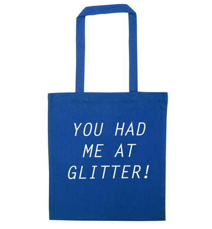 You had me at glitter blue tote bag