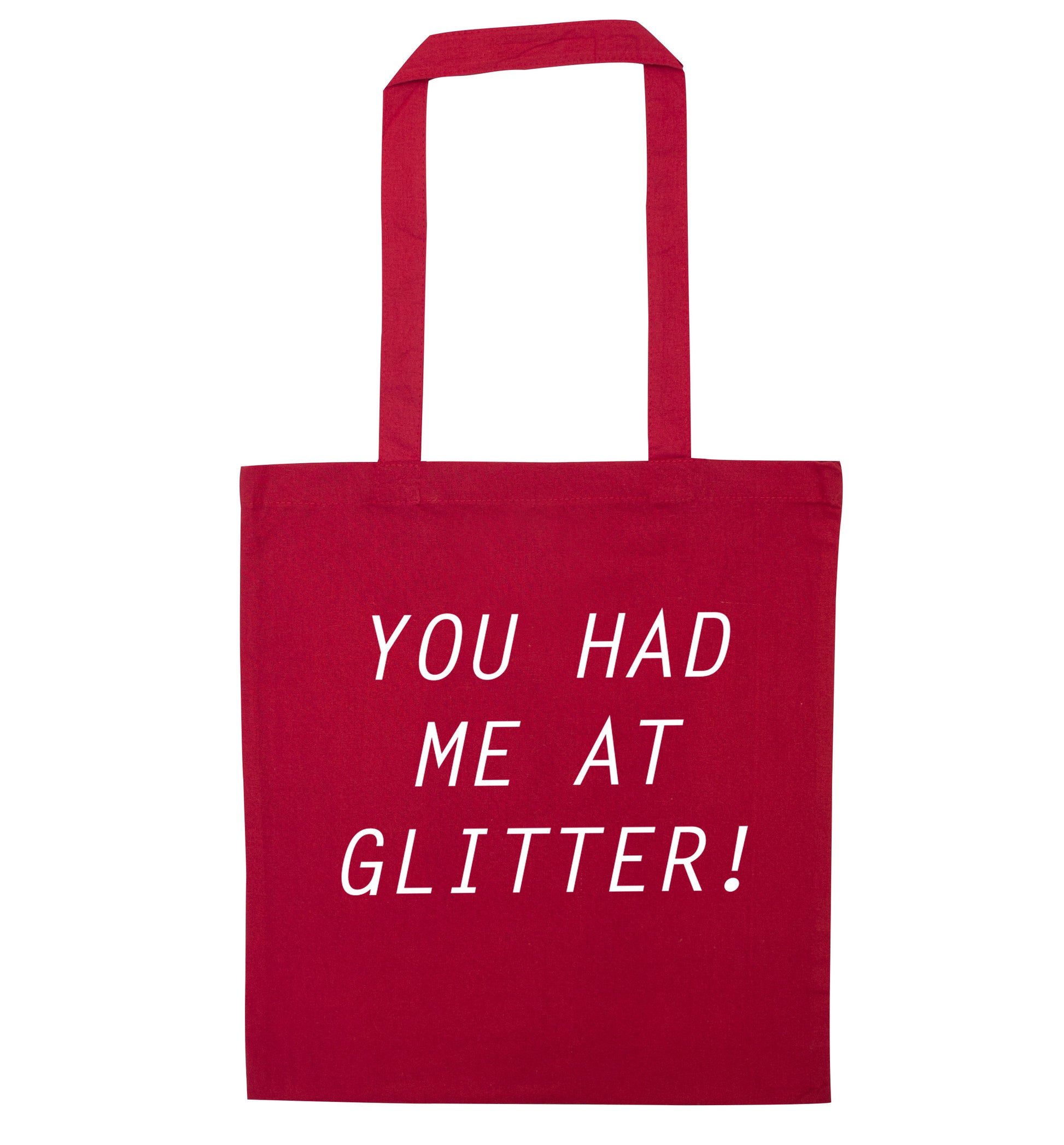 You had me at glitter red tote bag