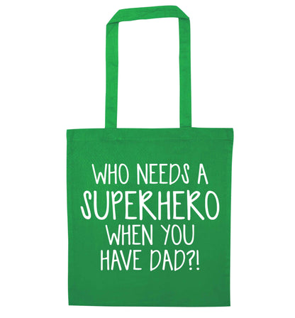 Who needs a superhero when you have dad! green tote bag