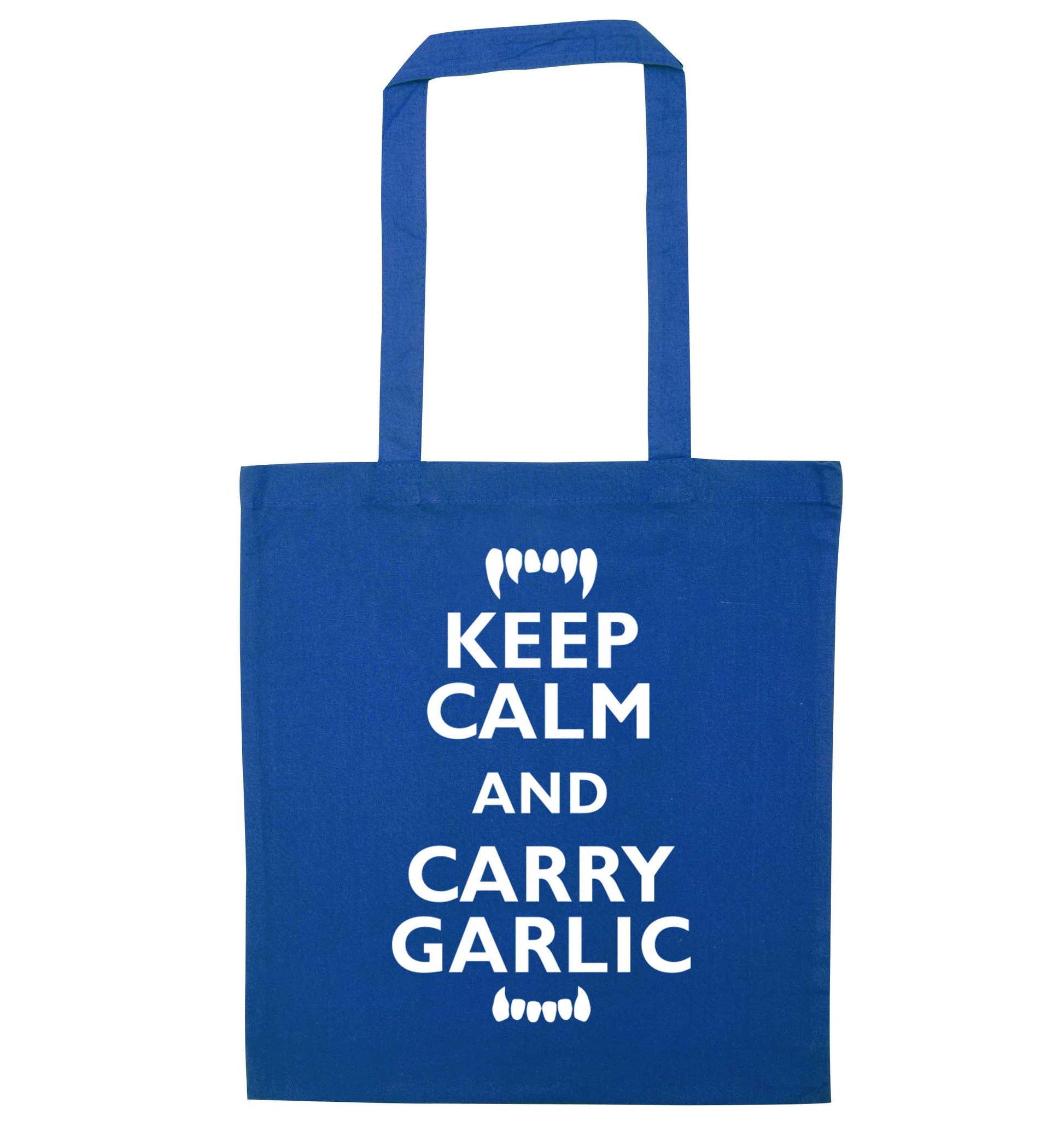Keep calm and carry garlic blue tote bag