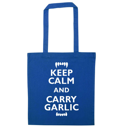 Keep calm and carry garlic blue tote bag