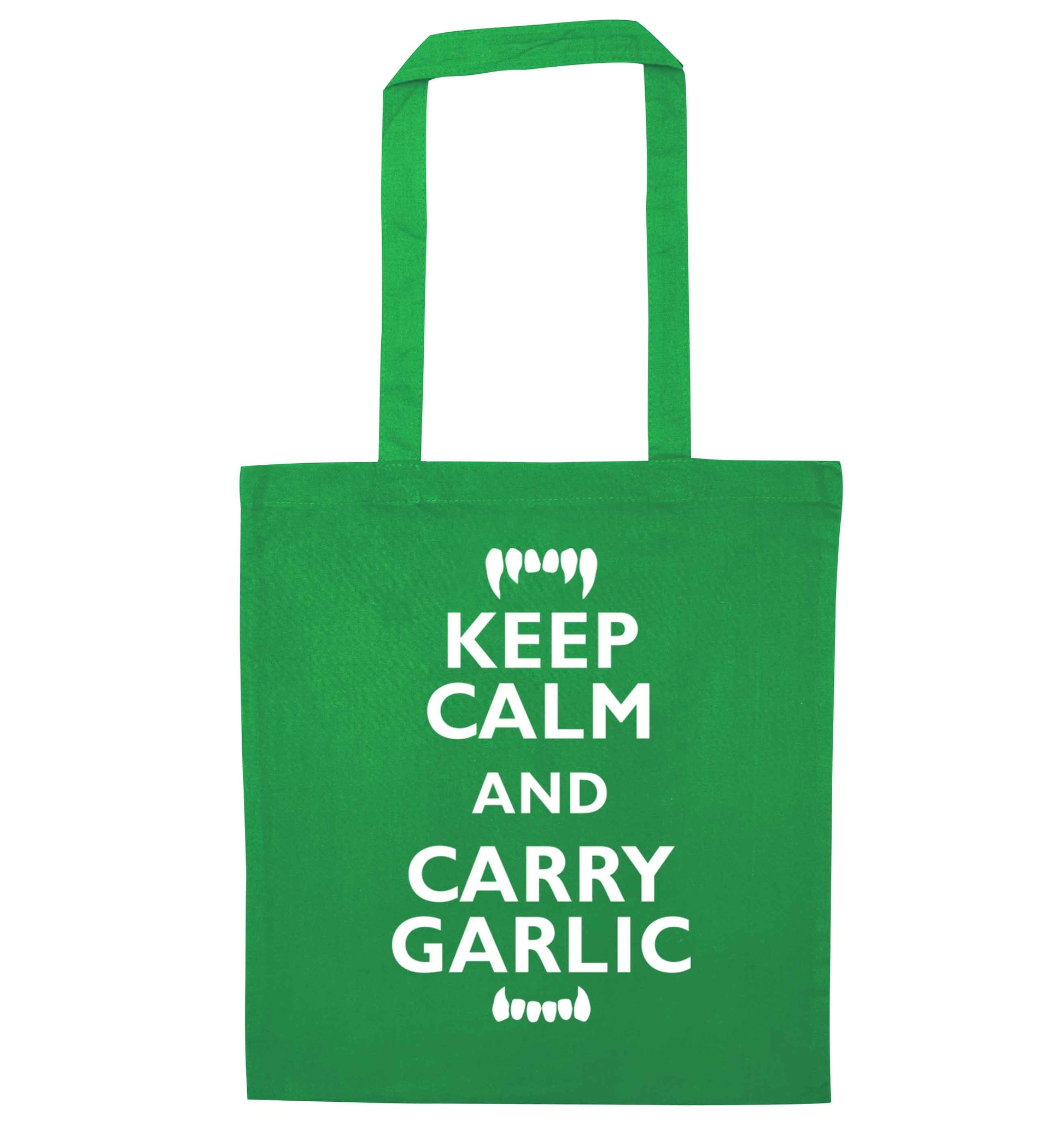 Keep calm and carry garlic green tote bag