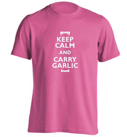 Keep calm and carry garlic adults unisex pink Tshirt 2XL