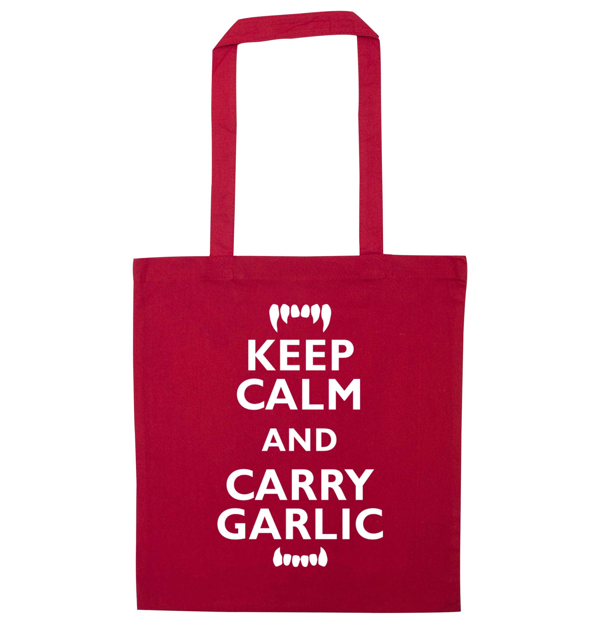 Keep calm and carry garlic red tote bag