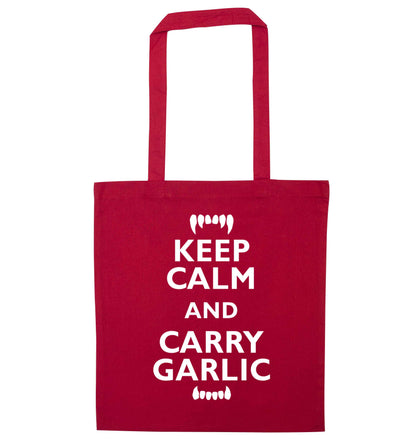 Keep calm and carry garlic red tote bag