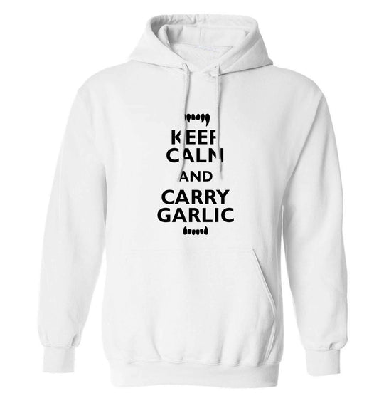 Keep calm and carry garlic adults unisex white hoodie 2XL
