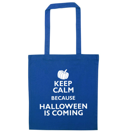 Keep calm because halloween is coming blue tote bag