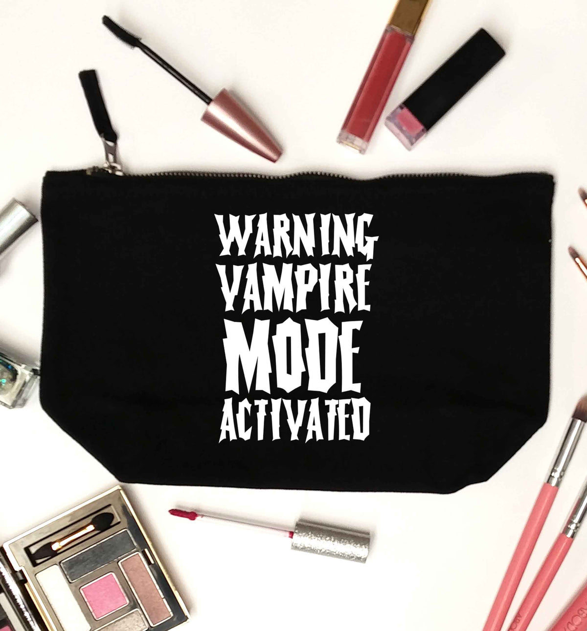 Warning vampire mode activated black makeup bag