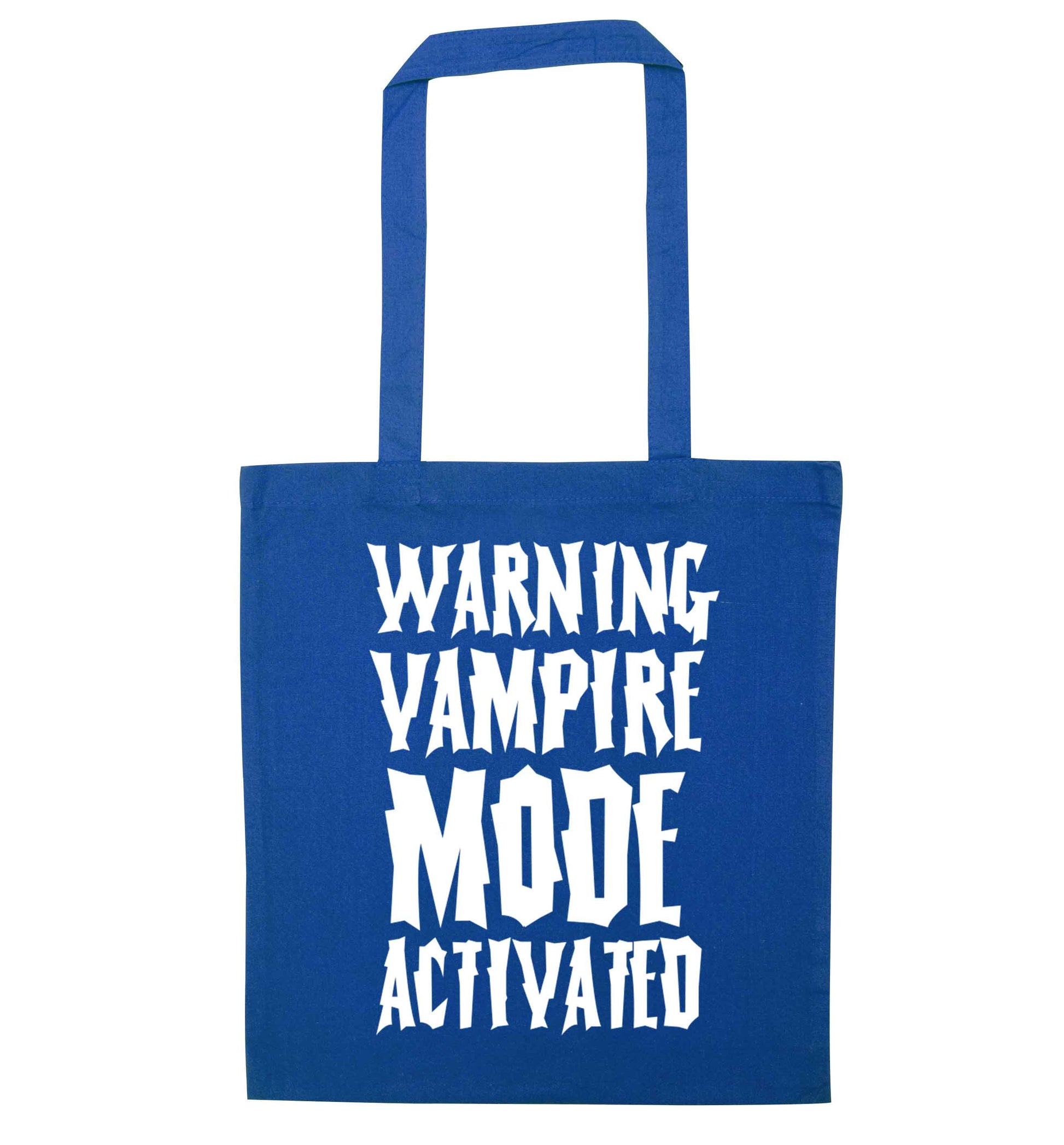 Warning vampire mode activated blue tote bag