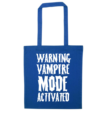 Warning vampire mode activated blue tote bag
