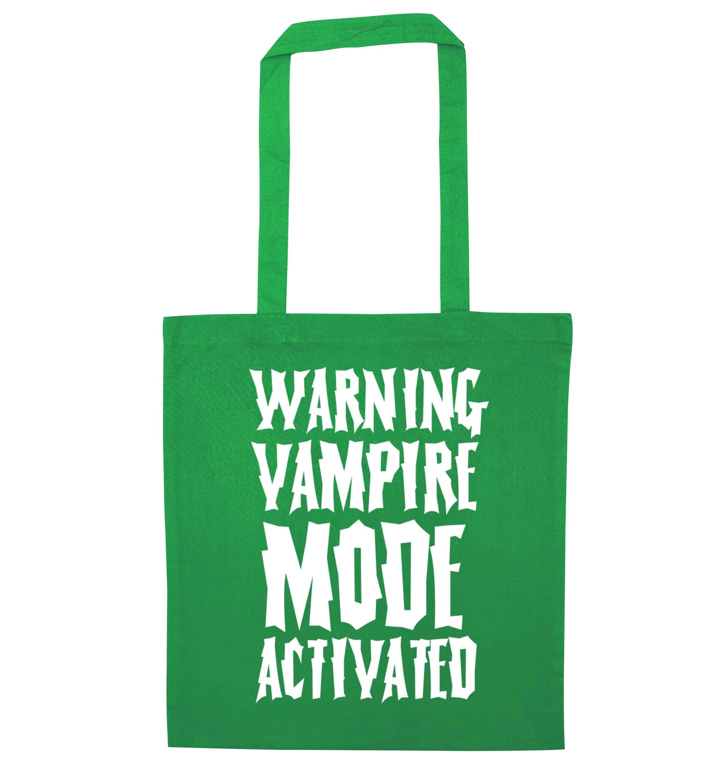 Warning vampire mode activated green tote bag
