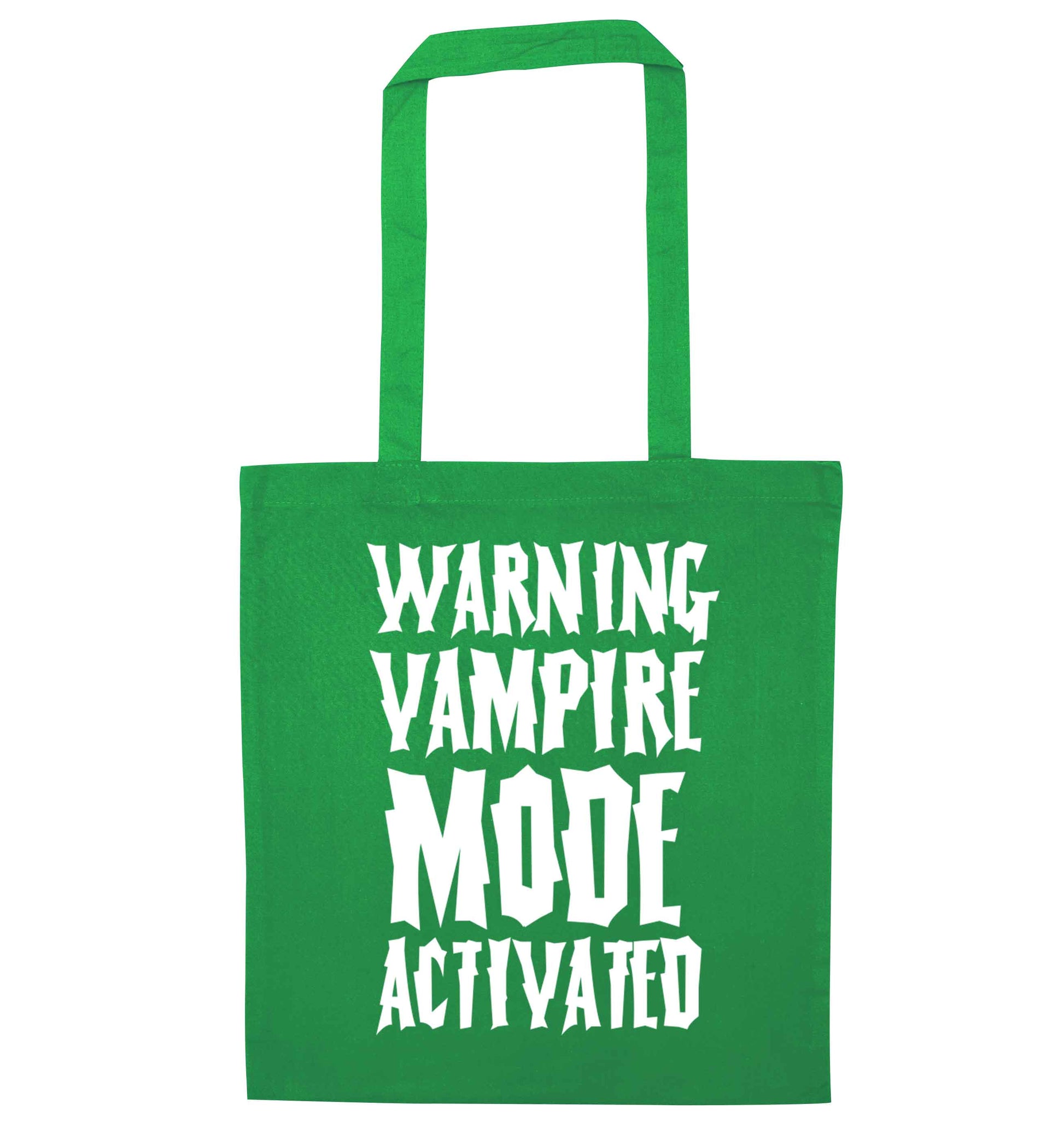 Warning vampire mode activated green tote bag
