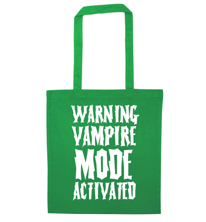 Warning vampire mode activated green tote bag