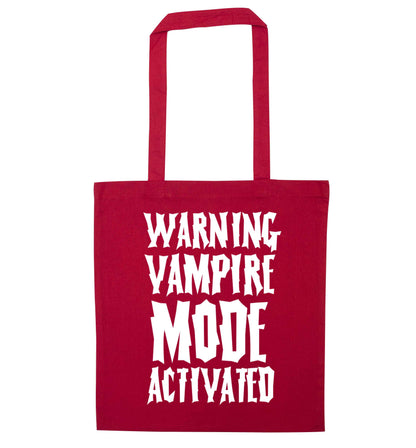 Warning vampire mode activated red tote bag