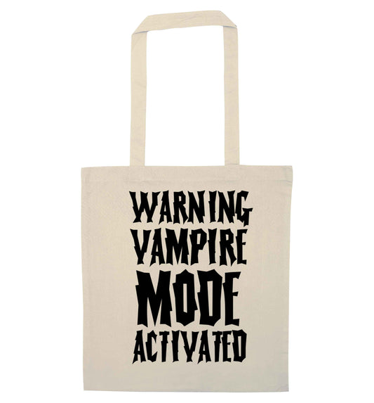 Warning vampire mode activated natural tote bag