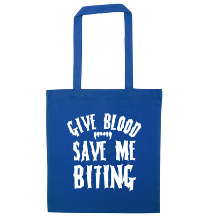 Give me blood save me biting blue tote bag