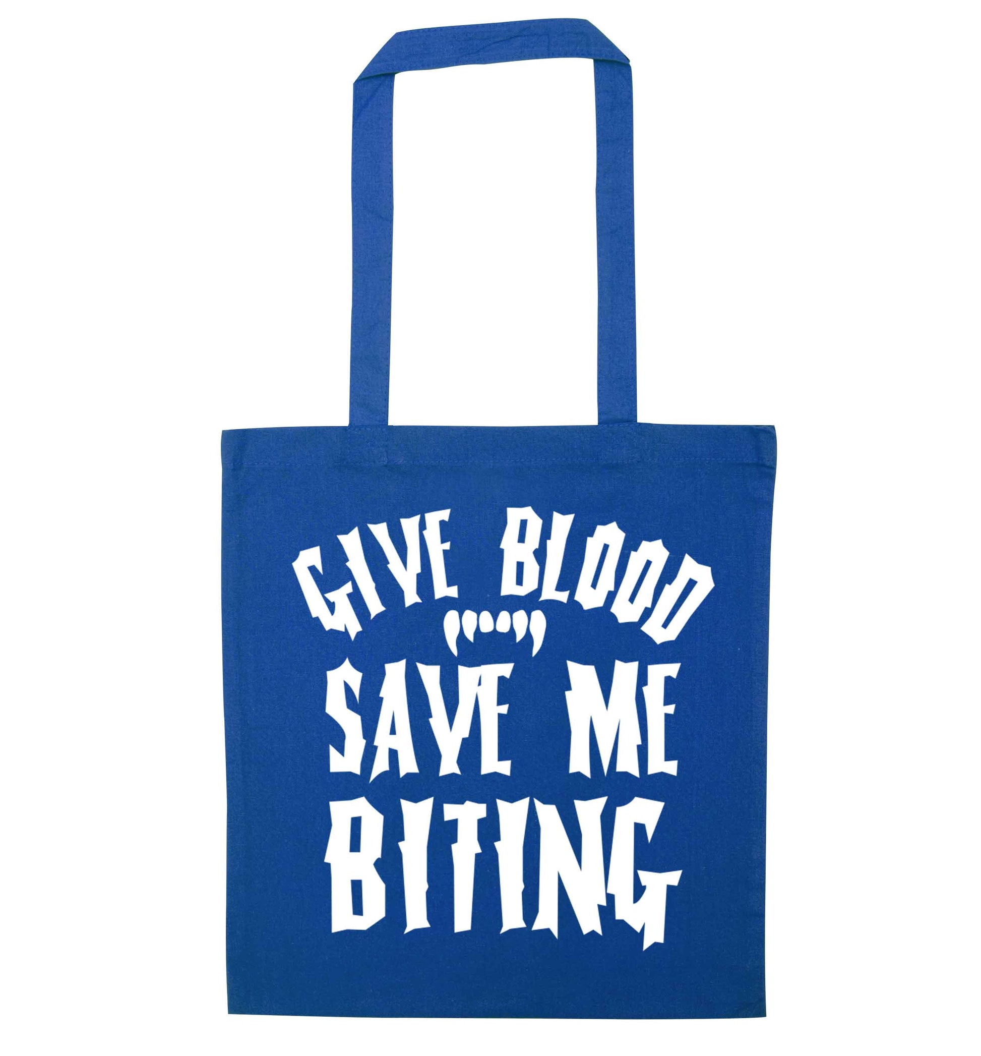 Give blood save me biting blue tote bag