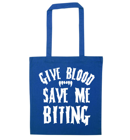 Give blood save me biting blue tote bag