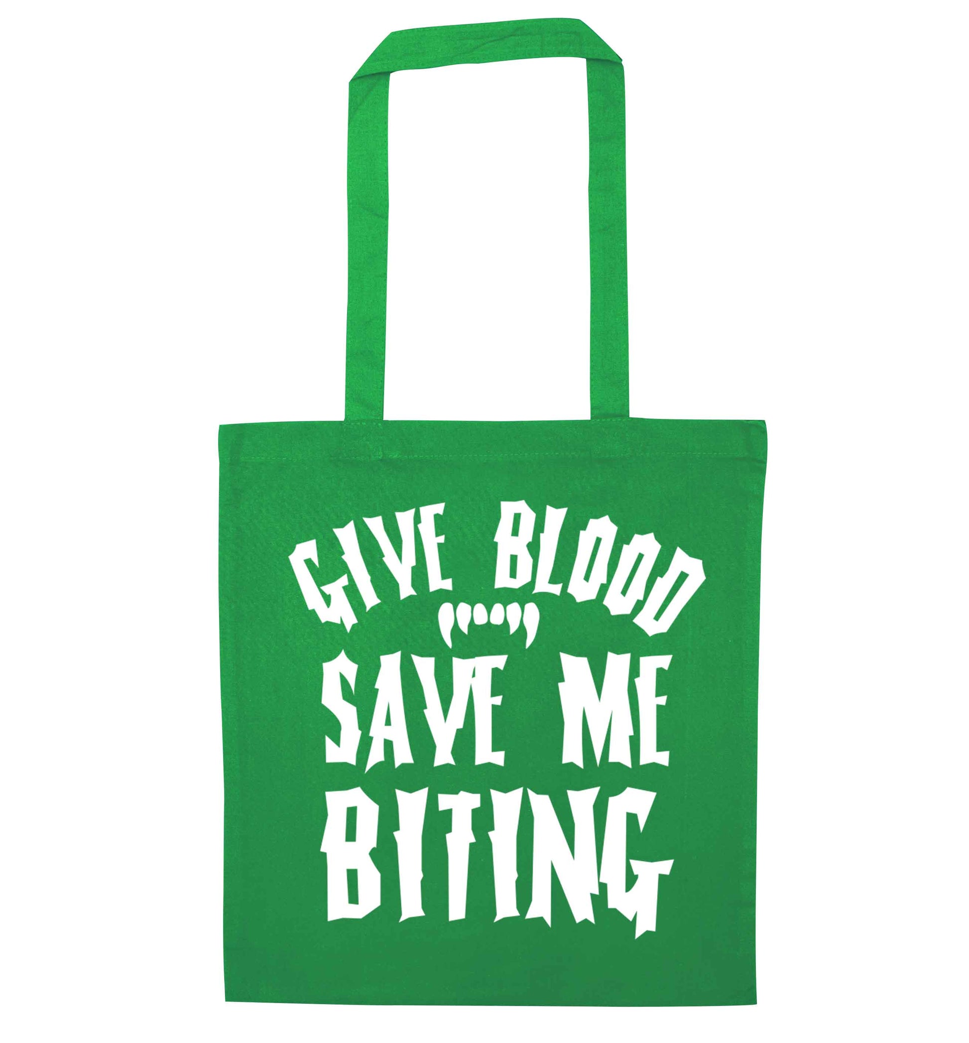 Give blood save me biting green tote bag