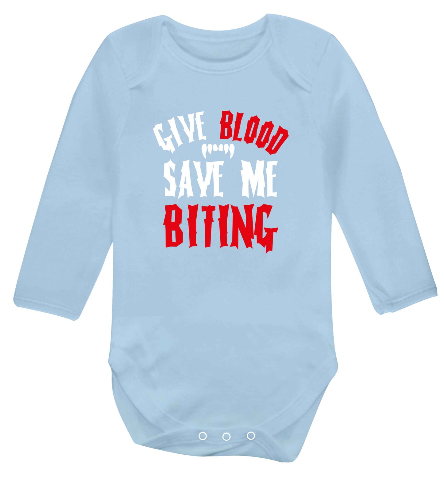 Give blood save me biting baby vest long sleeved pale blue 6-12 months