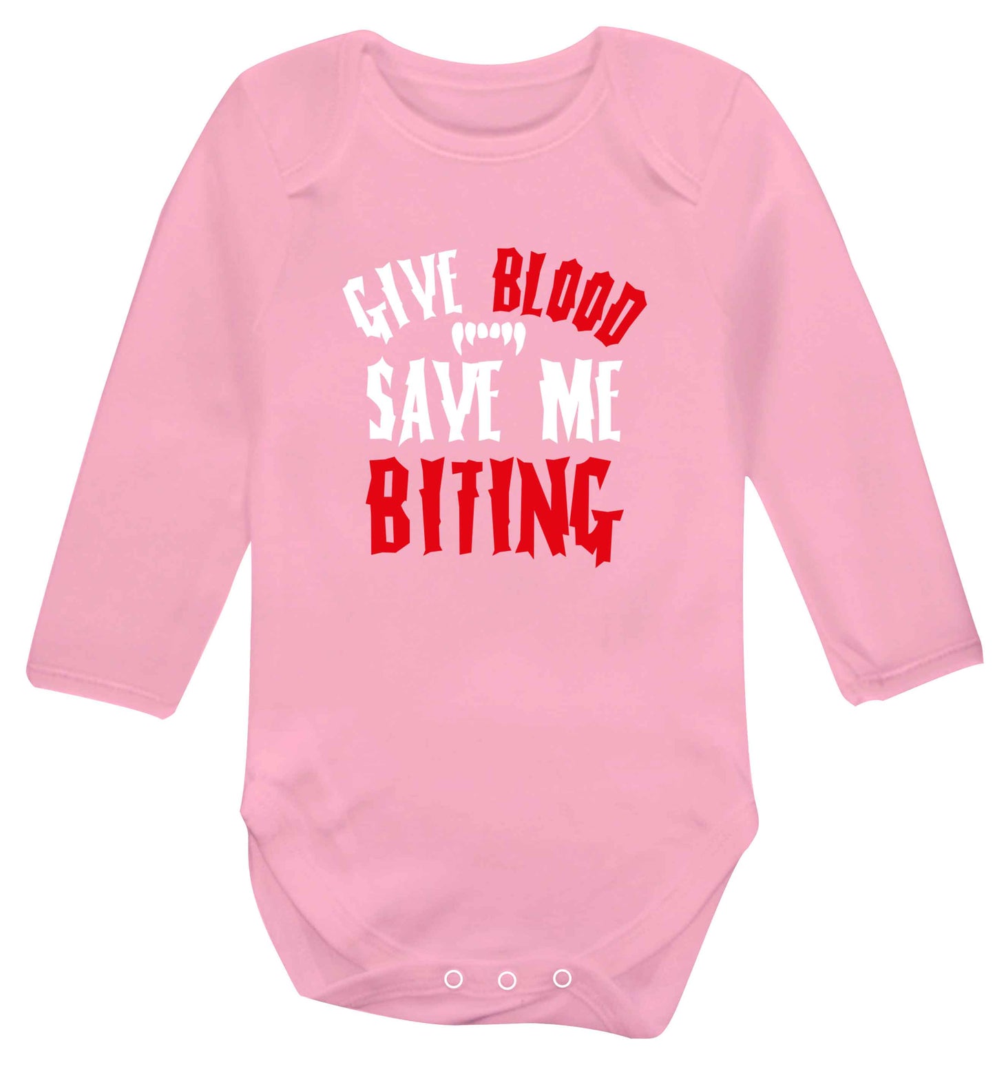 Give blood save me biting baby vest long sleeved pale pink 6-12 months