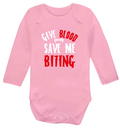 Give blood save me biting baby vest long sleeved pale pink 6-12 months