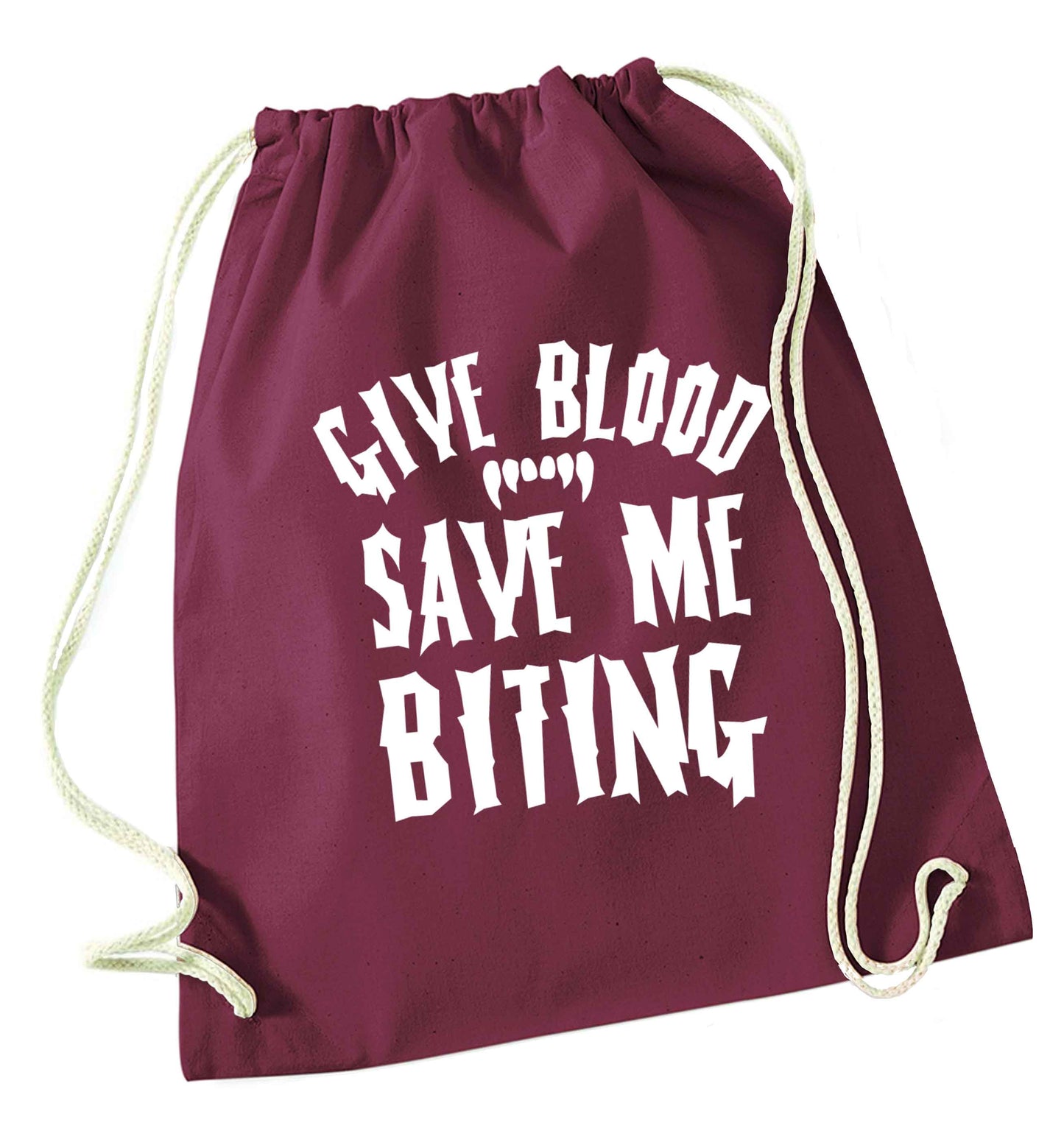 Give blood save me biting maroon drawstring bag