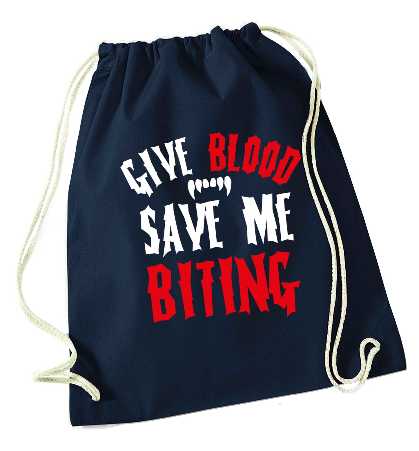 Give blood save me biting navy drawstring bag