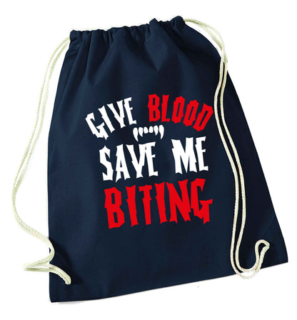 Give blood save me biting navy drawstring bag