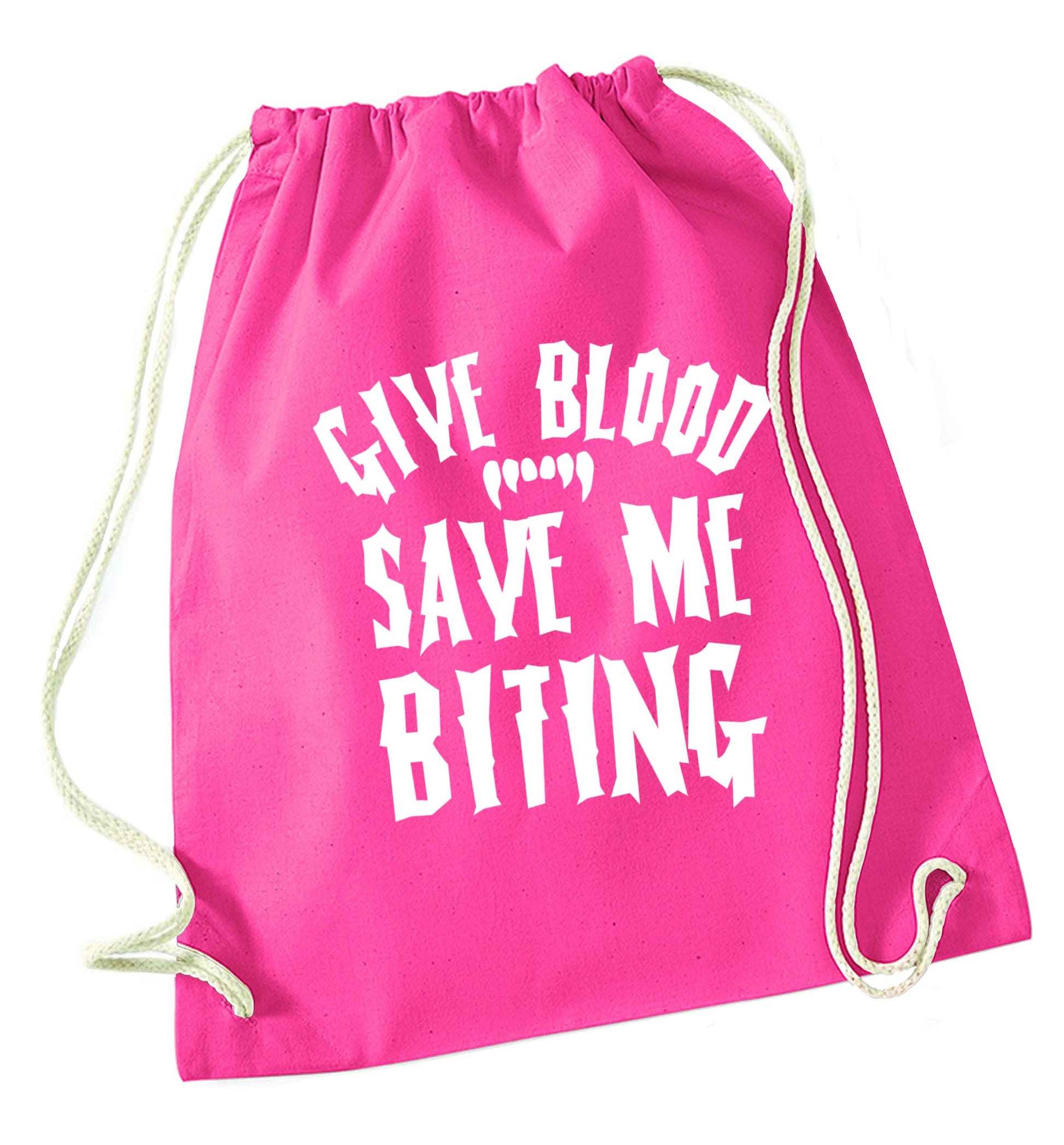 Give blood save me biting pink drawstring bag