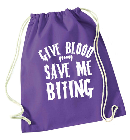 Give blood save me biting purple drawstring bag