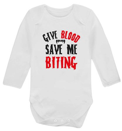 Give blood save me biting baby vest long sleeved white 6-12 months