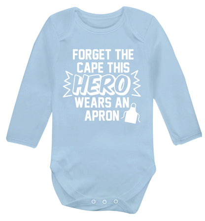 Forget the cape this hero wears an apron Baby Vest long sleeved pale blue 6-12 months