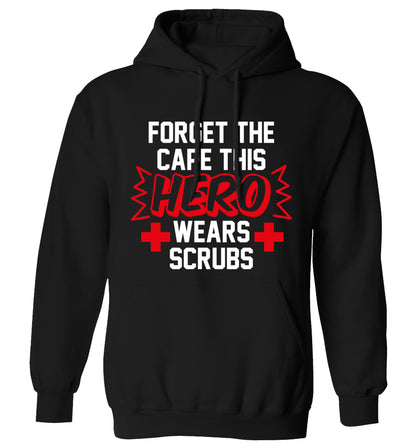 Forget the cape this hero wears scrubs adults unisex black hoodie 2XL