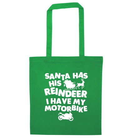 Santa has his reindeer I have my motorbike green tote bag
