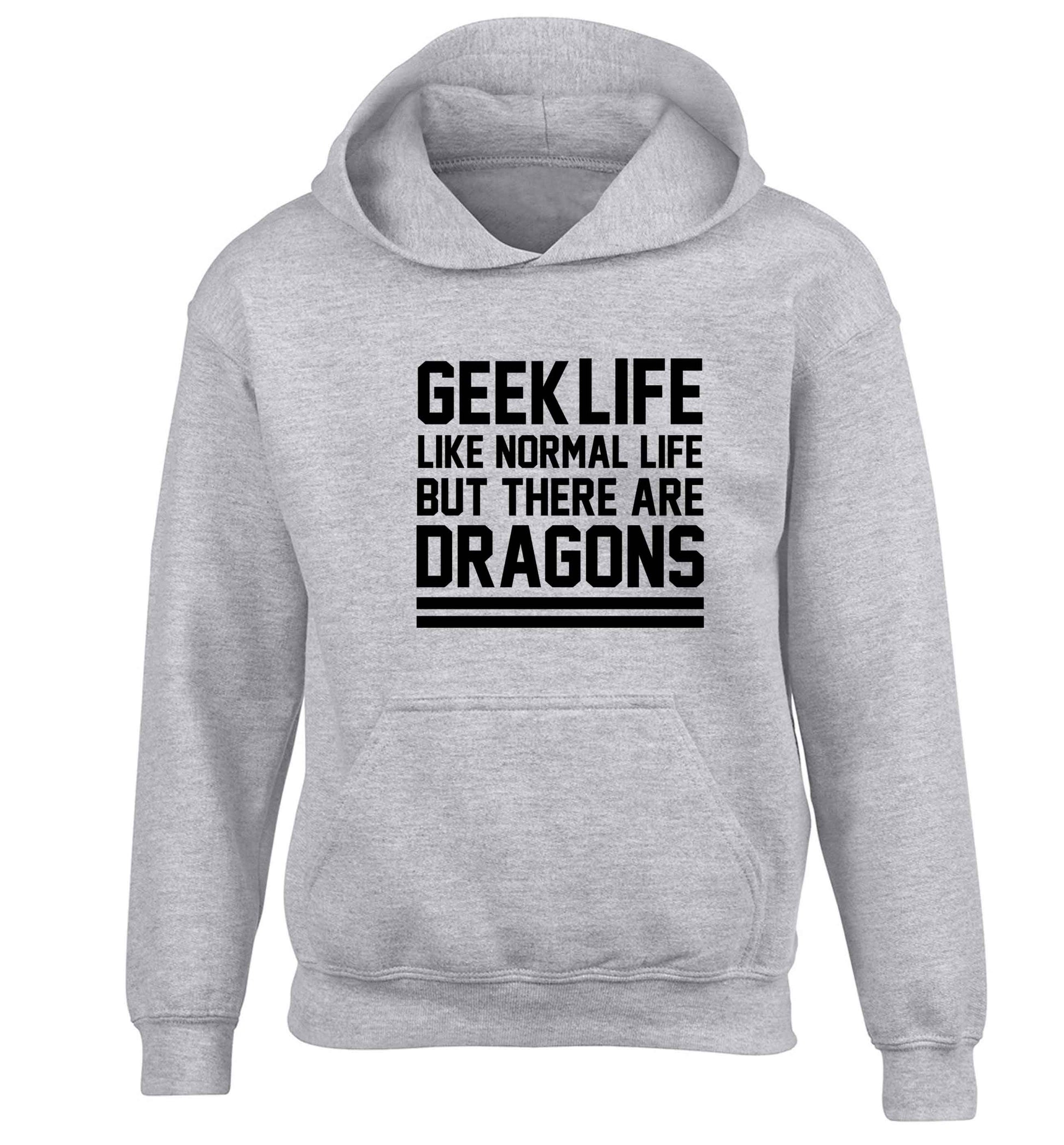 Geek life like normal life but there are dragons children's grey hoodie 12-13 Years