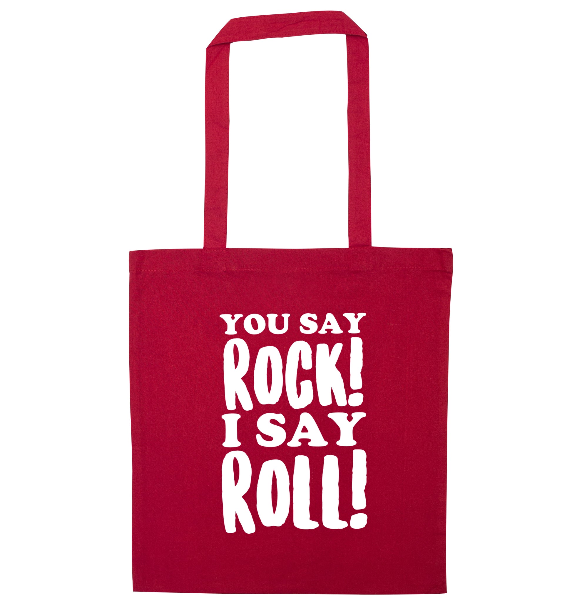 You say rock I say roll! red tote bag