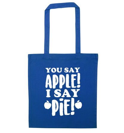 You say apple I say pie! blue tote bag
