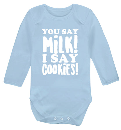 You say milk I say cookies! Baby Vest long sleeved pale blue 6-12 months