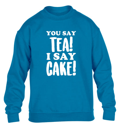 You say tea I say cake! children's blue sweater 12-14 Years