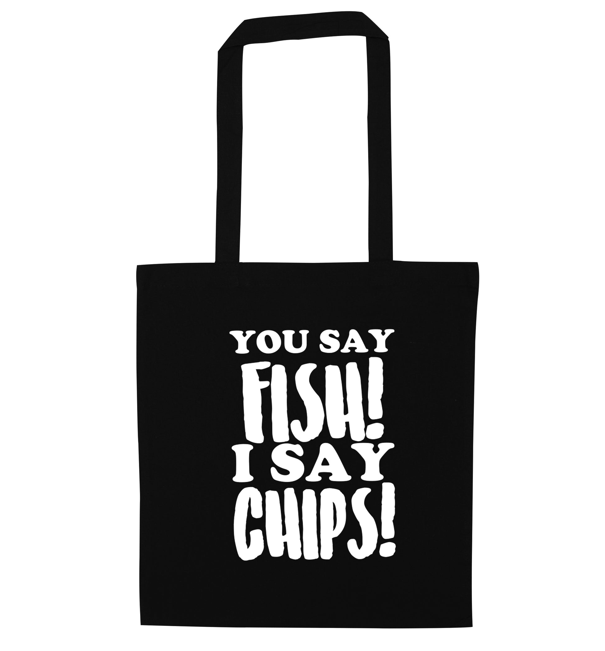 You say fish I say chips! black tote bag