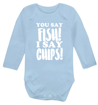 You say fish I say chips! Baby Vest long sleeved pale blue 6-12 months