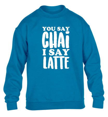 You say chai I say latte! children's blue sweater 12-14 Years