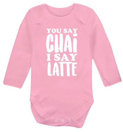 You say chai I say latte! Baby Vest long sleeved pale pink 6-12 months