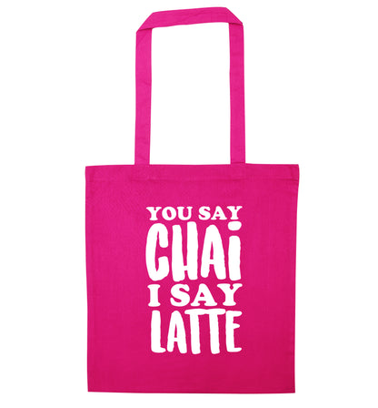 You say chai I say latte! pink tote bag