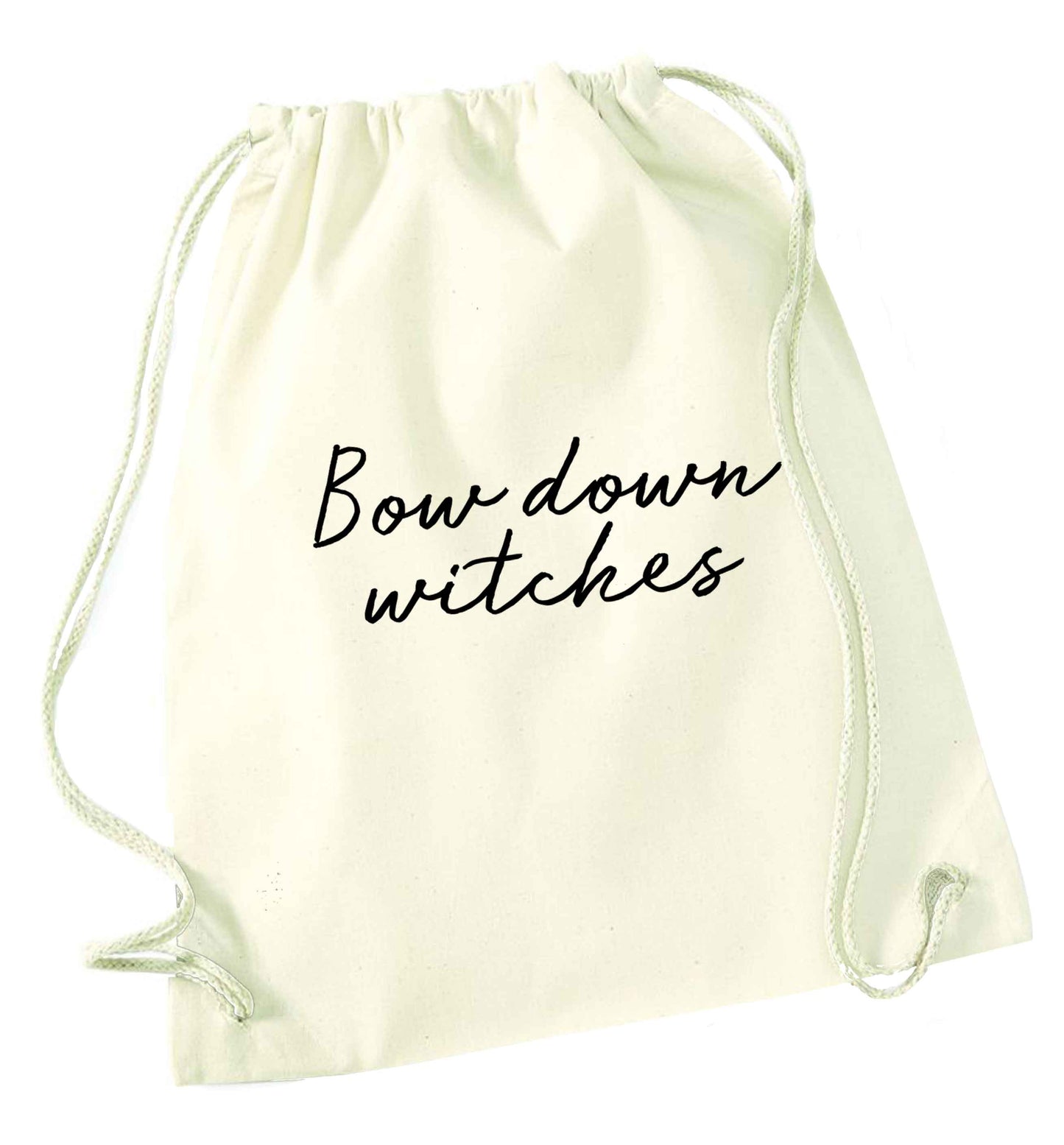 Bow down witches natural drawstring bag