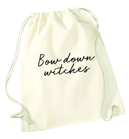 Bow down witches natural drawstring bag