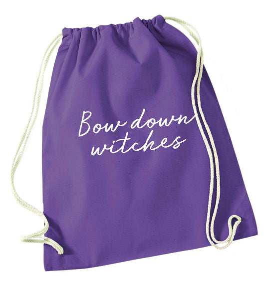 Bow down witches purple drawstring bag