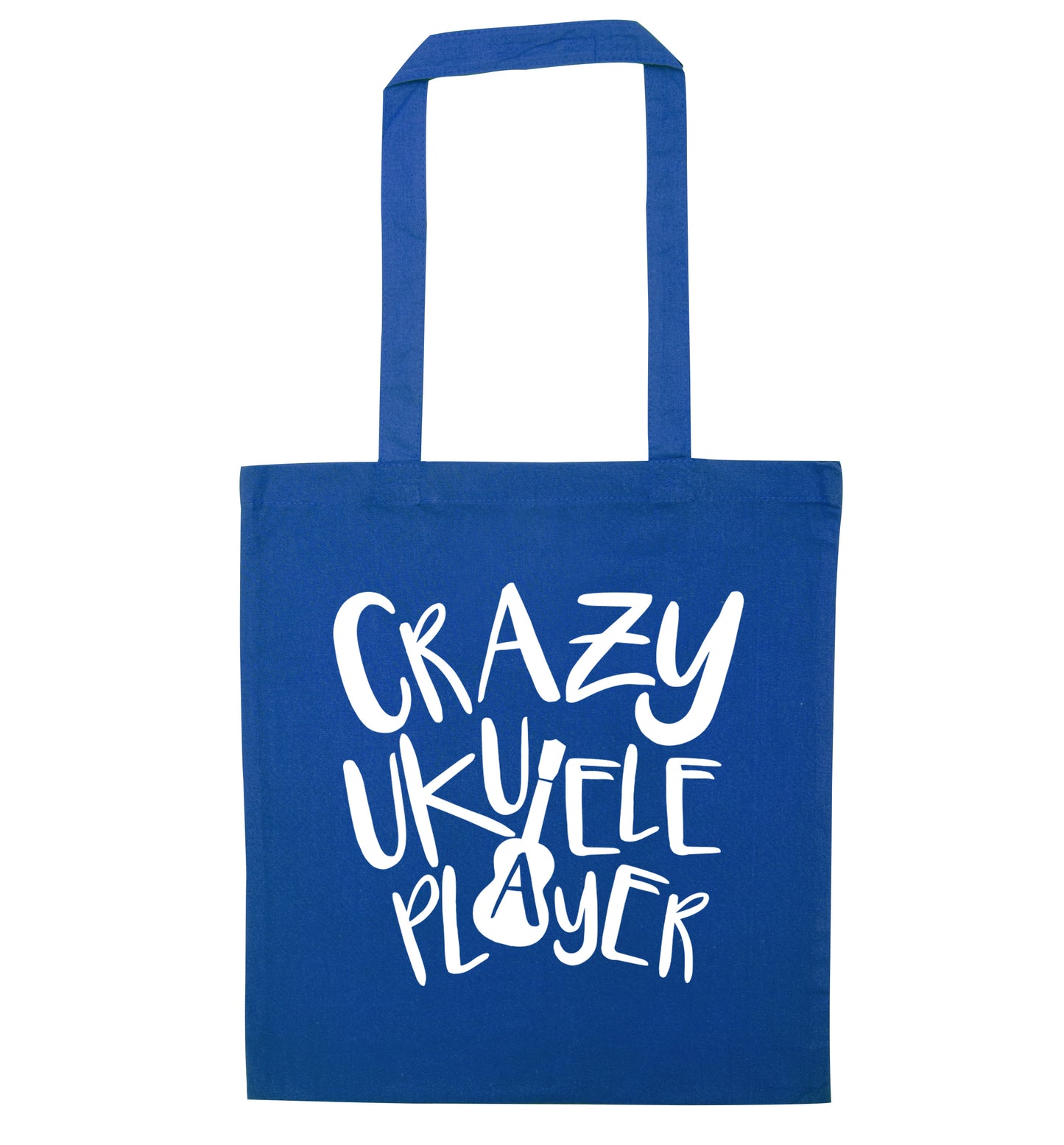 Crazy ukulele player blue tote bag