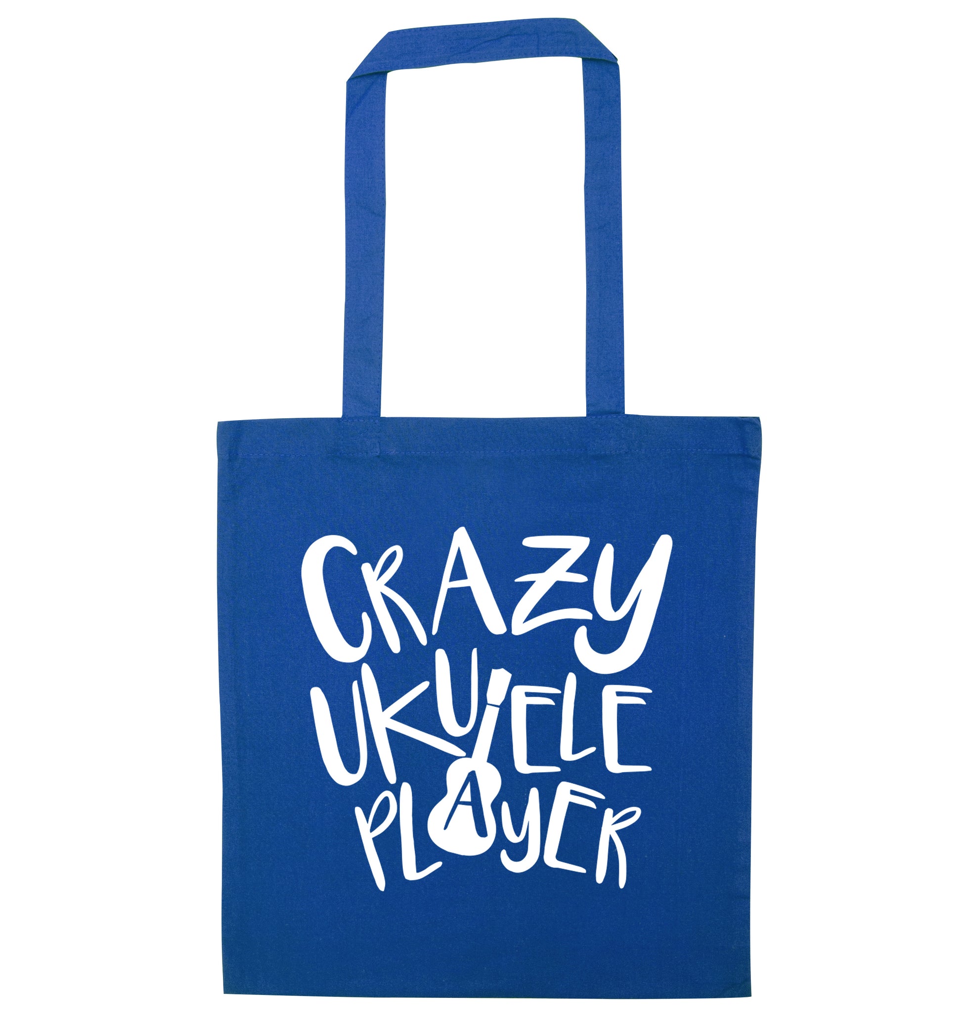 Crazy ukulele player blue tote bag